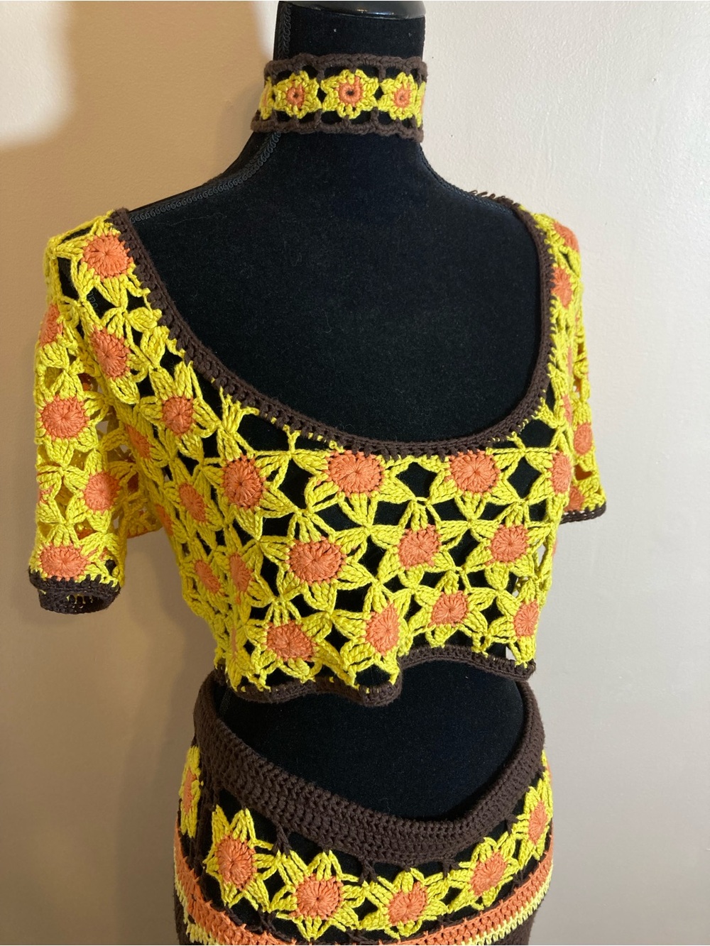 Handcrafted Yellow & Orange Crochet Maxi Dress with Brown Trim